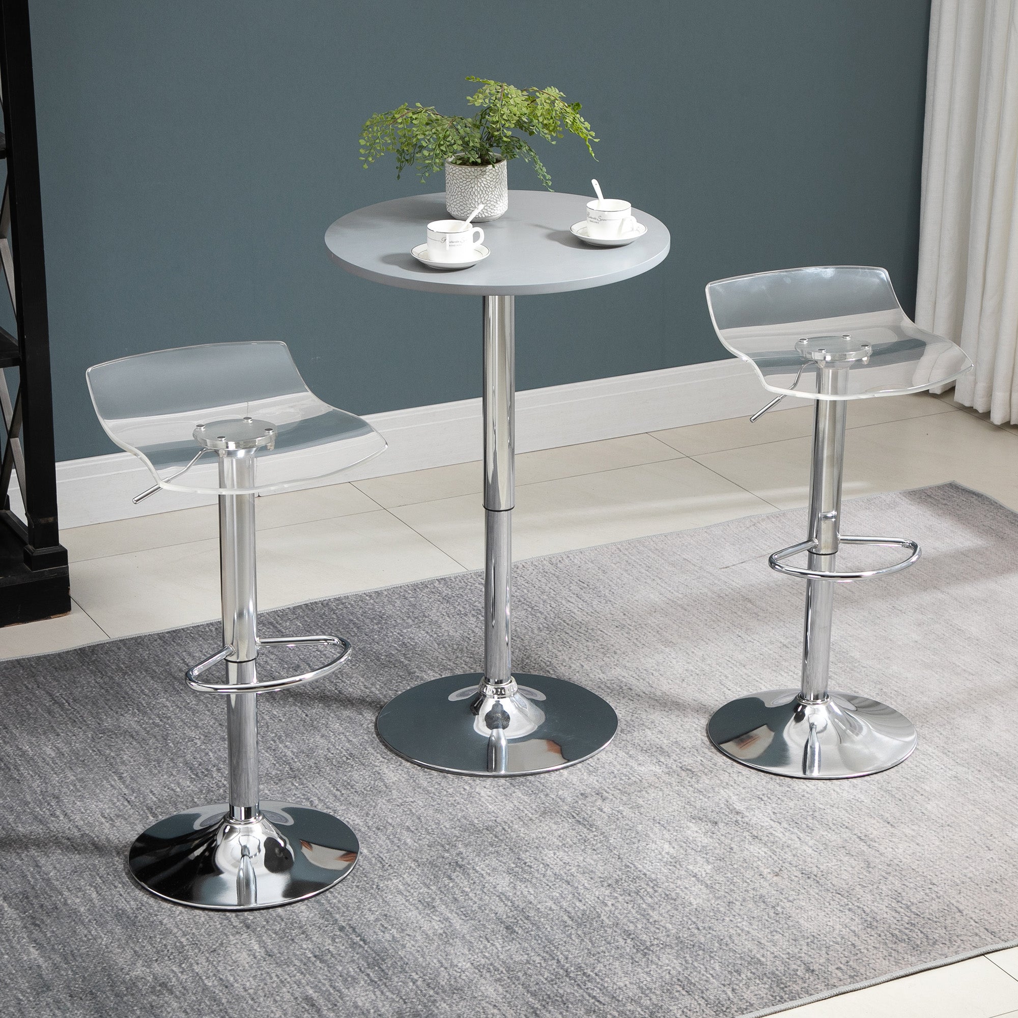 Set of 2 contemporary design bar stools with acrylic seat and metal base - 360° swivel - adjustable height with footrest - transparent