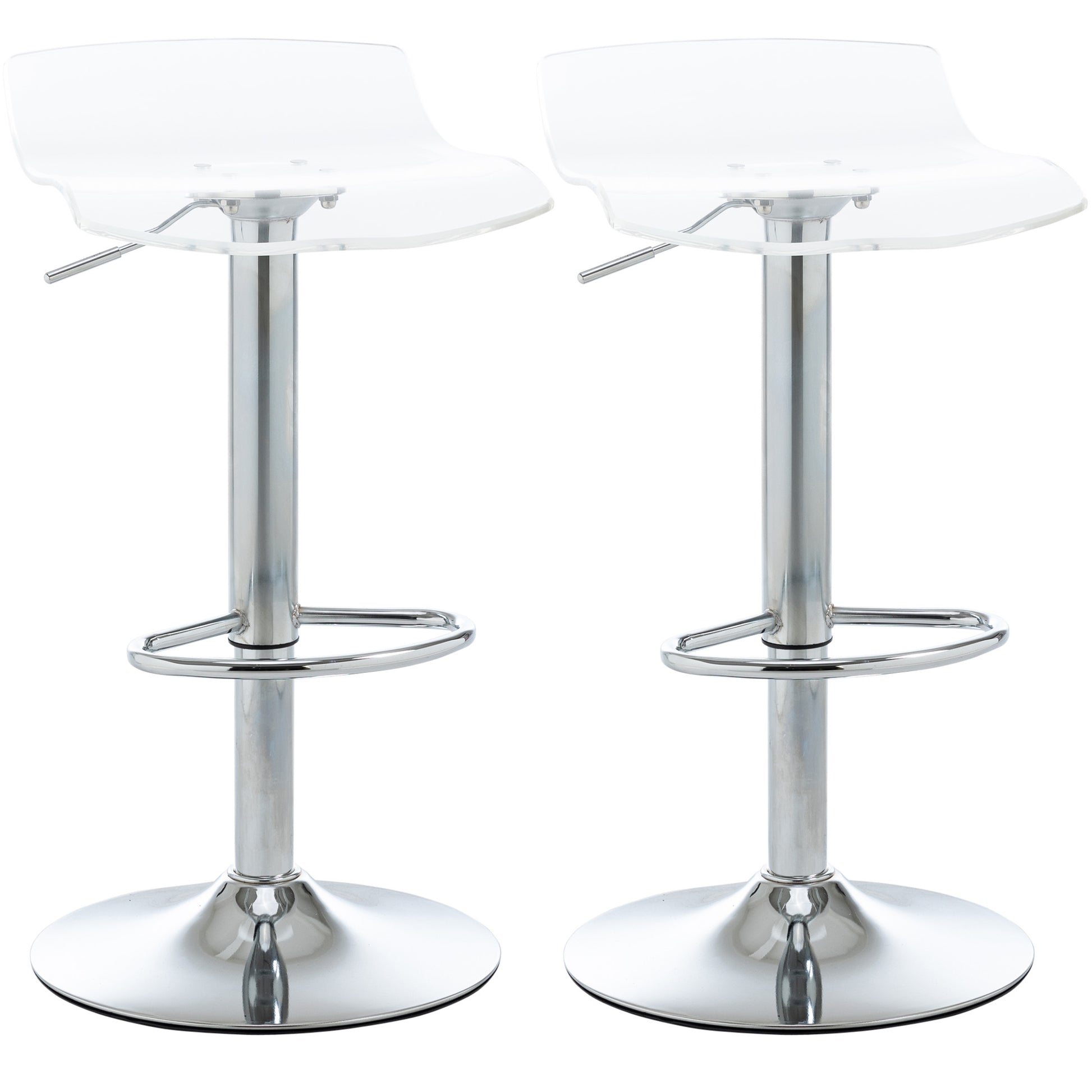 Set of 2 contemporary design bar stools with acrylic seat and metal base - 360° swivel - adjustable height with footrest - transparent