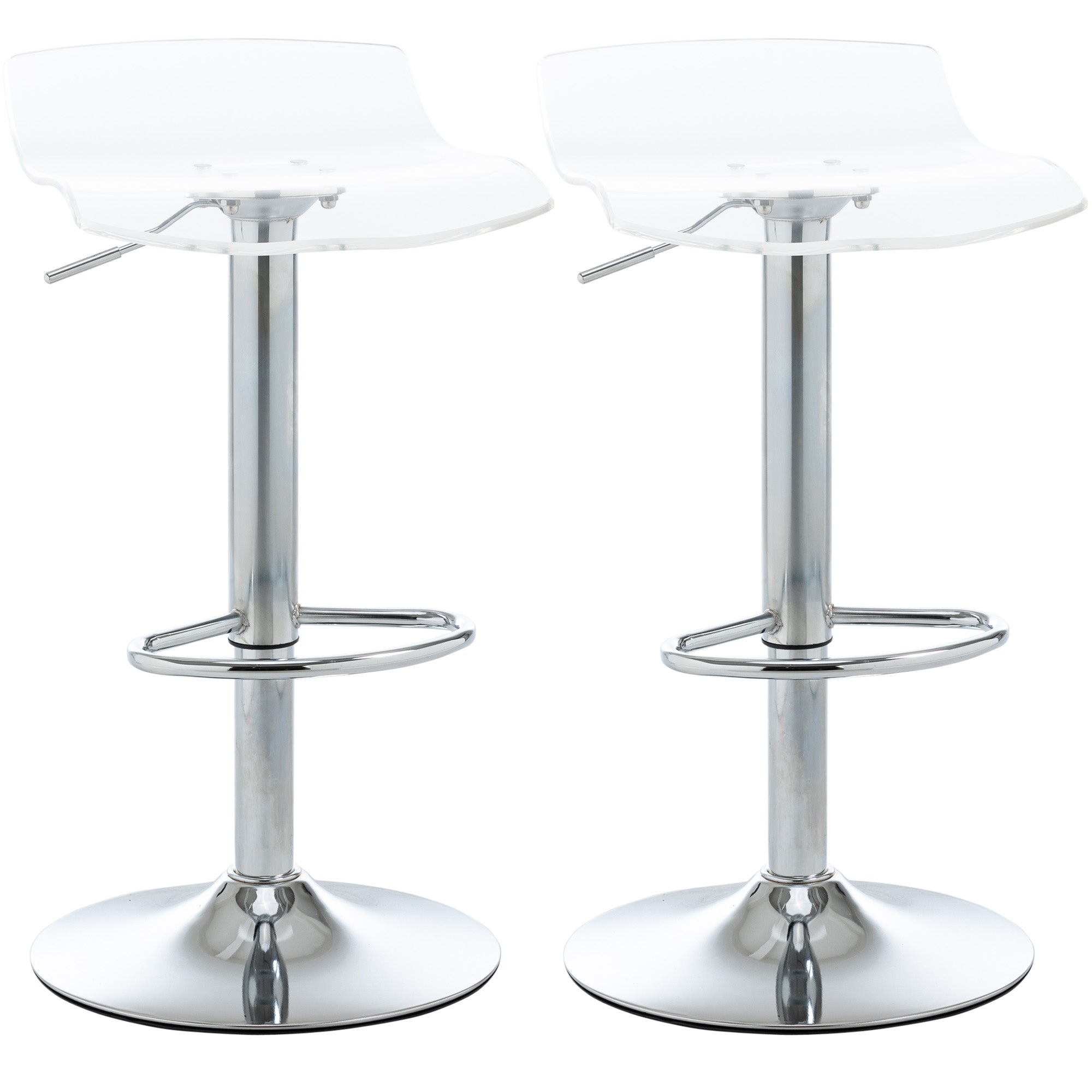 Set of 2 contemporary design bar stools with acrylic seat and metal base - 360° swivel - adjustable height with footrest - transparent