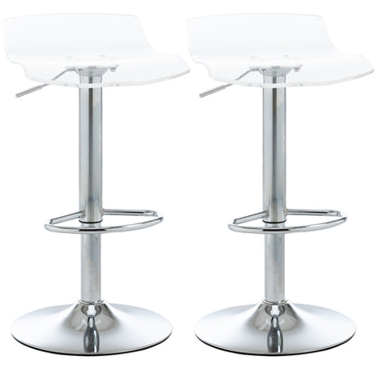 Set of 2 contemporary design bar stools with acrylic seat and metal base - 360° swivel - adjustable height with footrest - transparent