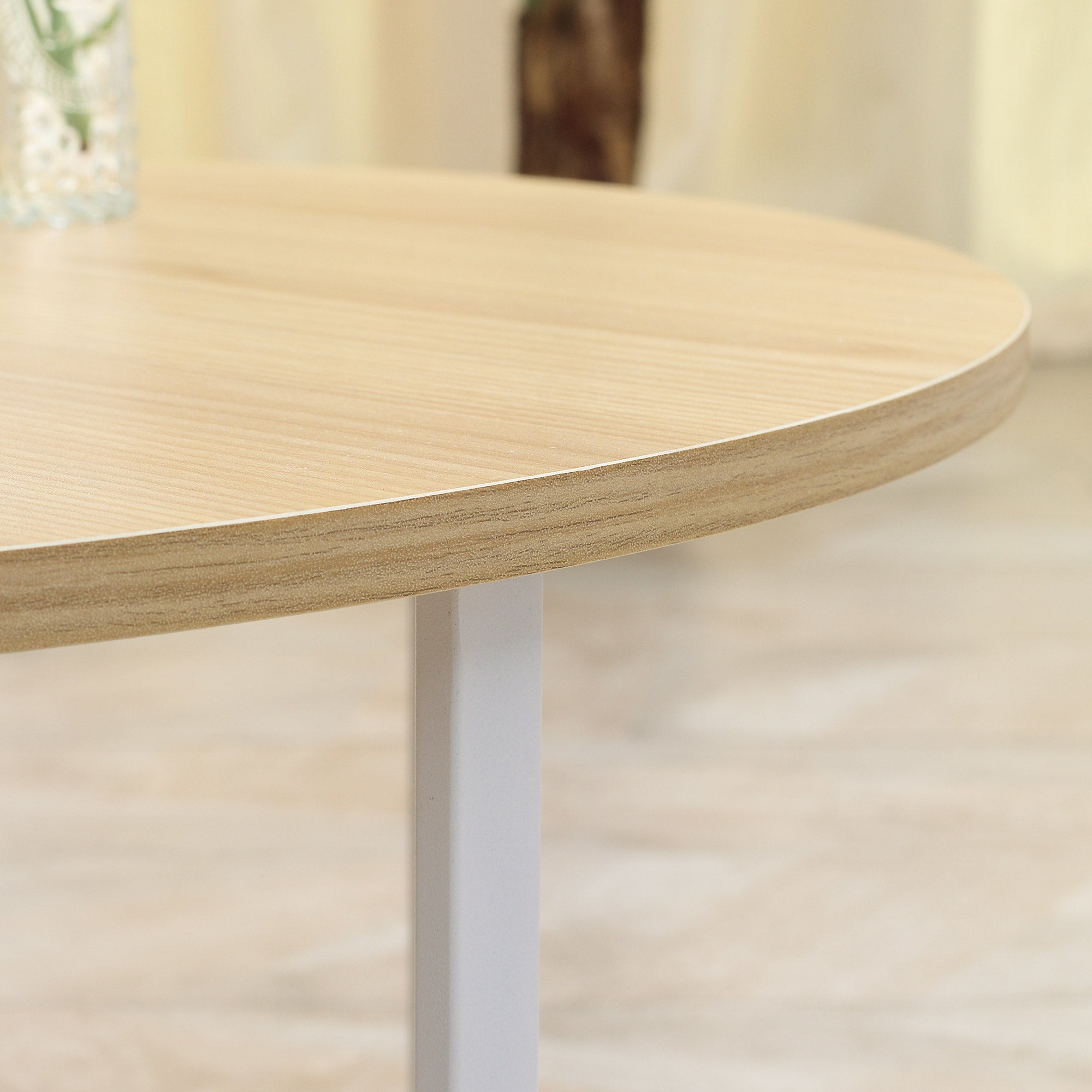 Set of 2 Center Tables Ø65x32 cm and Ø45x26 cm Round Living Room Tables with Wood Top and Metal Legs for Bedroom Natural and White