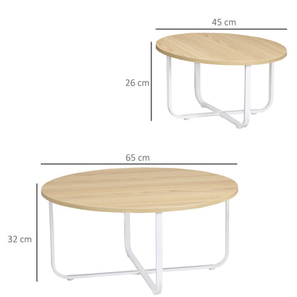 Set of 2 Center Tables Ø65x32 cm and Ø45x26 cm Round Living Room Tables with Wood Top and Metal Legs for Bedroom Natural and White