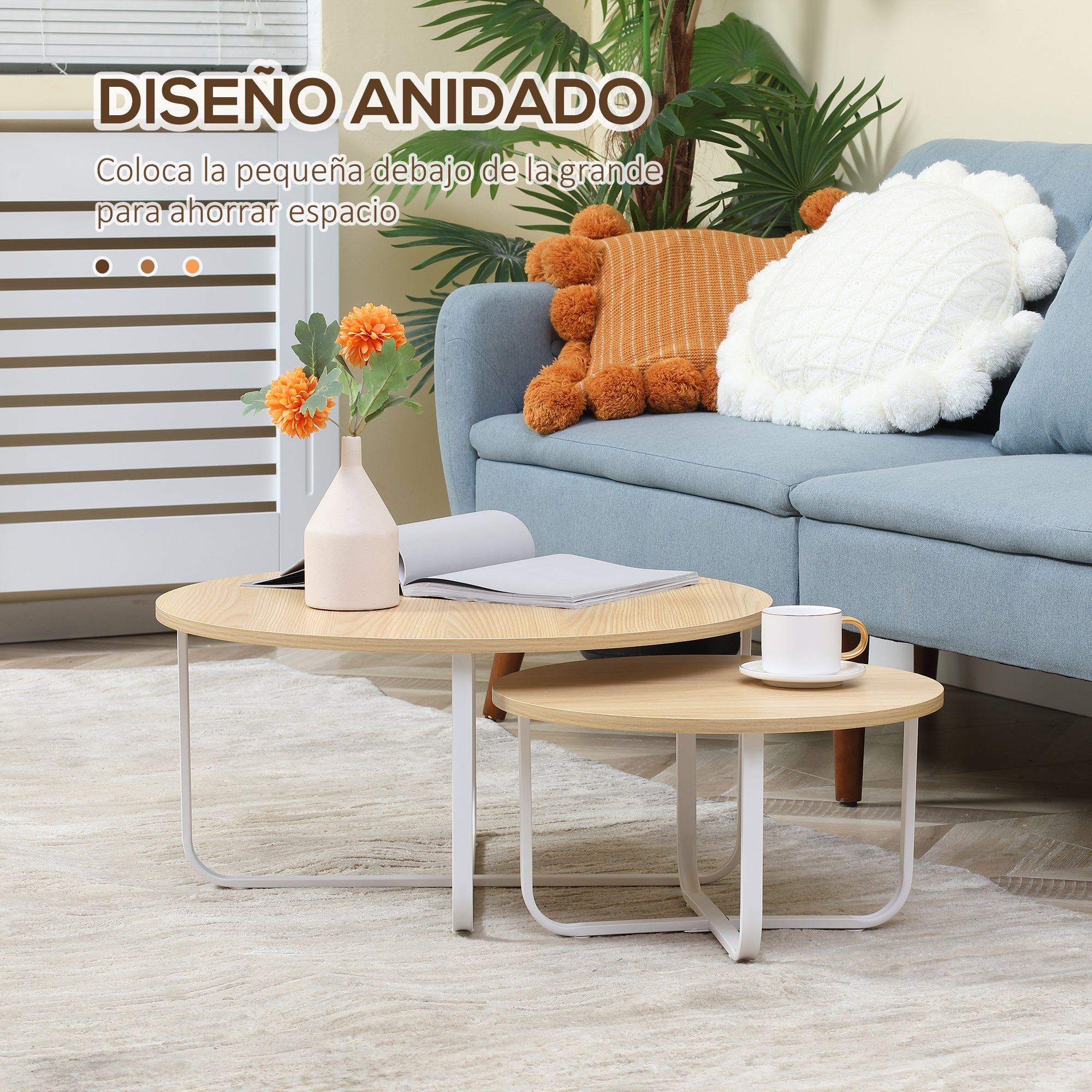 Set of 2 Center Tables Ø65x32 cm and Ø45x26 cm Round Living Room Tables with Wood Top and Metal Legs for Bedroom Natural and White