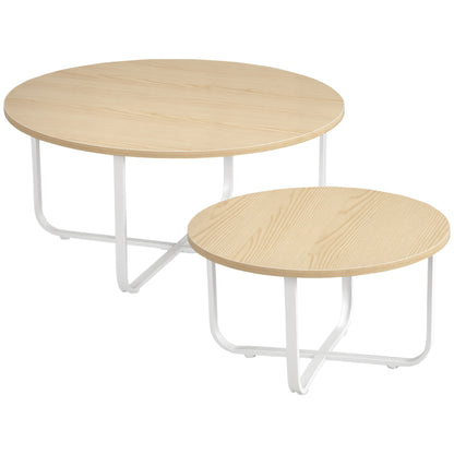 Set of 2 Center Tables Ø65x32 cm and Ø45x26 cm Round Living Room Tables with Wood Top and Metal Legs for Bedroom Natural and White