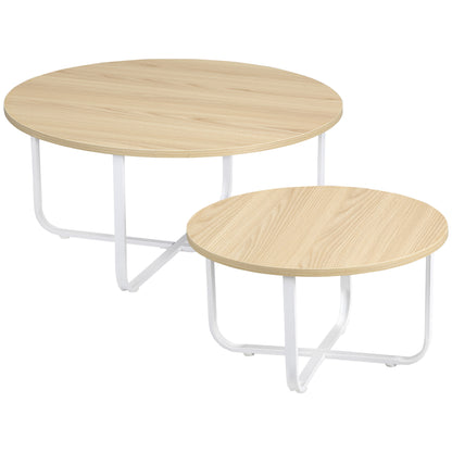 Set of 2 Center Tables Ø65x32 cm and Ø45x26 cm Round Living Room Tables with Wood Top and Metal Legs for Bedroom Natural and White