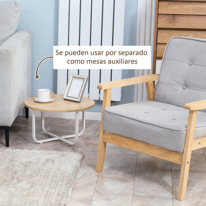 Set of 2 Center Tables Ø65x32 cm and Ø45x26 cm Round Living Room Tables with Wood Top and Metal Legs for Bedroom Natural and White