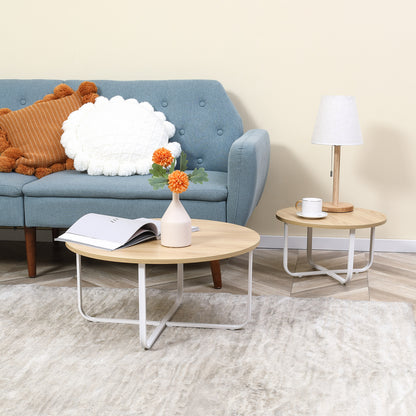 Set of 2 Center Tables Ø65x32 cm and Ø45x26 cm Round Living Room Tables with Wood Top and Metal Legs for Bedroom Natural and White