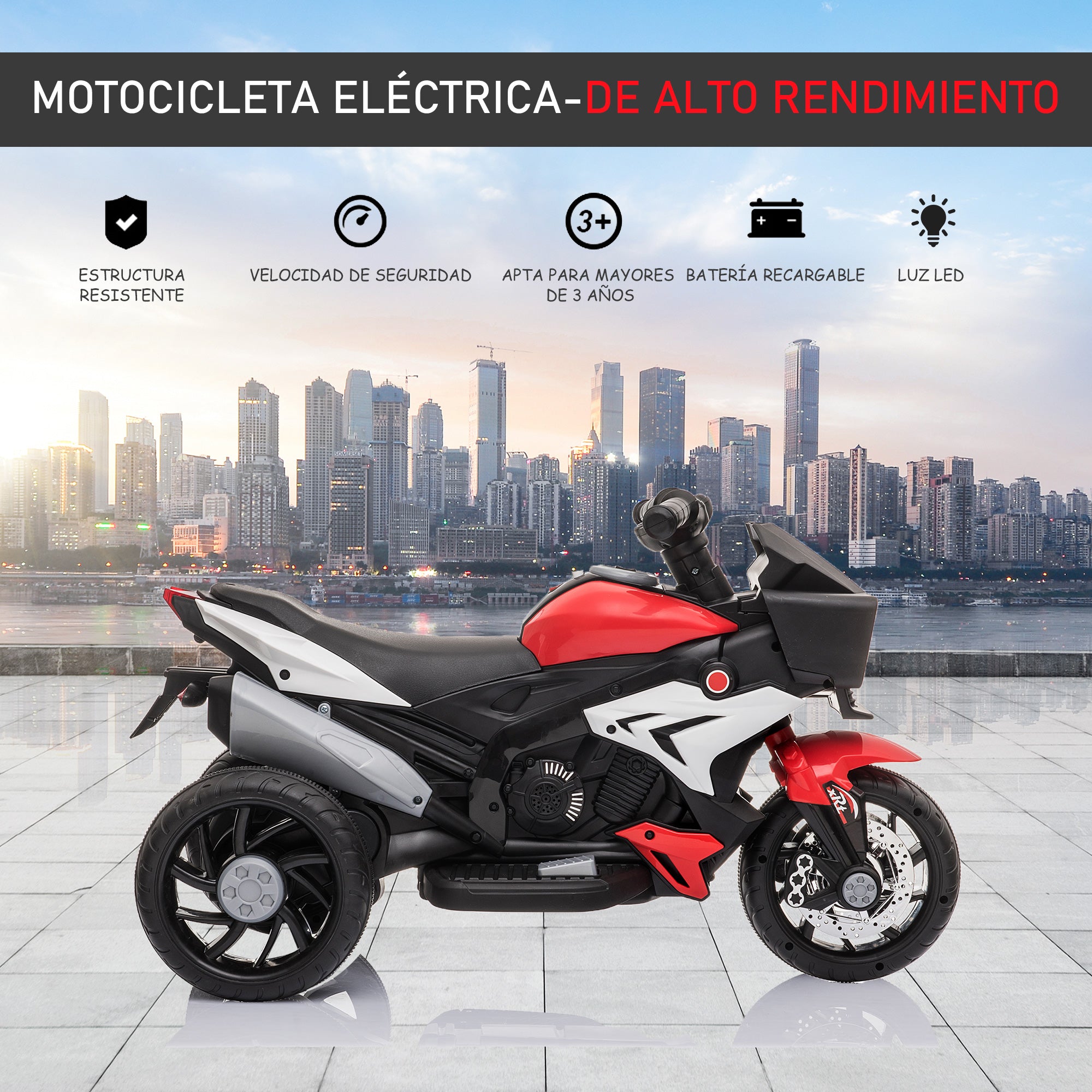 Electric Motorbike for Kids 3+ Years 6V Battery-Powered Bike with Lights Music Horn Wide Tires Ride-On Motorcycle with 3 km/h Speed Red and Black