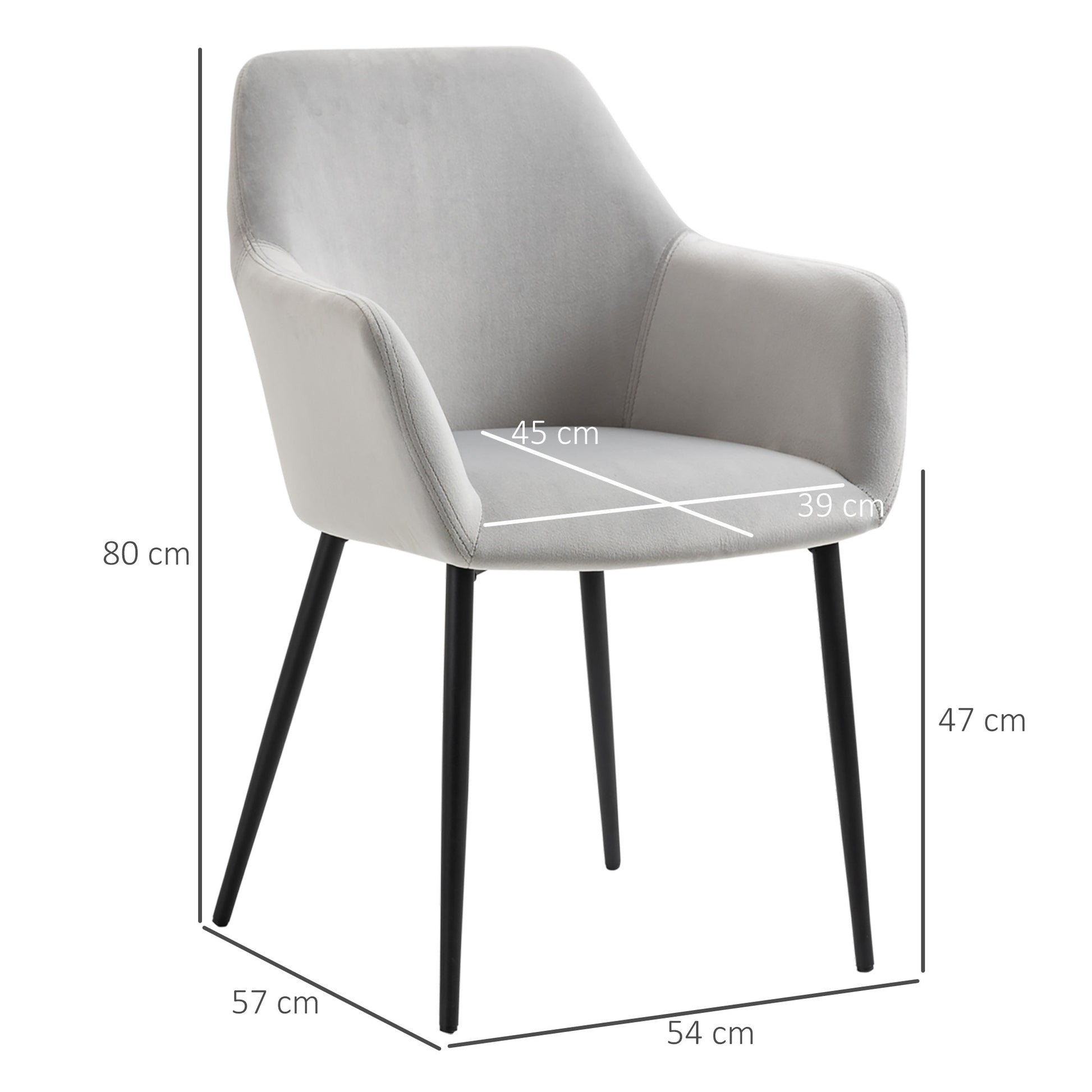 Dining Chairs Set of 2 Kitchen Chair with Backrest, Velvet Look, Padded Chair with Steel Legs for Living Room, Light Gray 54 x 57 x 80 cm