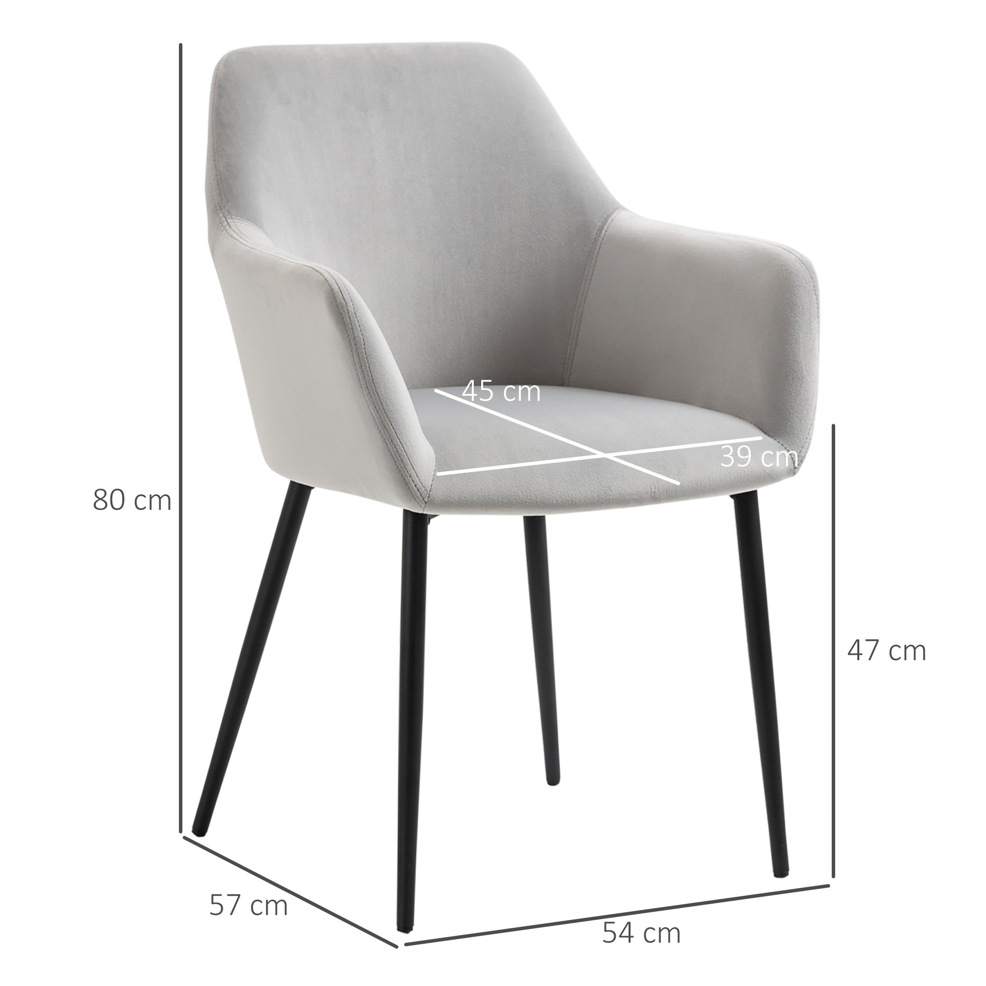 Dining Chairs Set of 2 Kitchen Chair with Backrest, Velvet Look, Padded Chair with Steel Legs for Living Room, Light Gray 54 x 57 x 80 cm