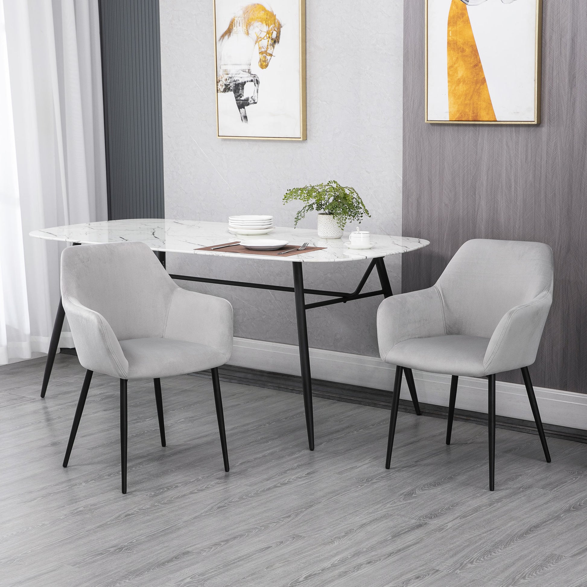 Dining Chairs Set of 2 Kitchen Chair with Backrest, Velvet Look, Padded Chair with Steel Legs for Living Room, Light Gray 54 x 57 x 80 cm