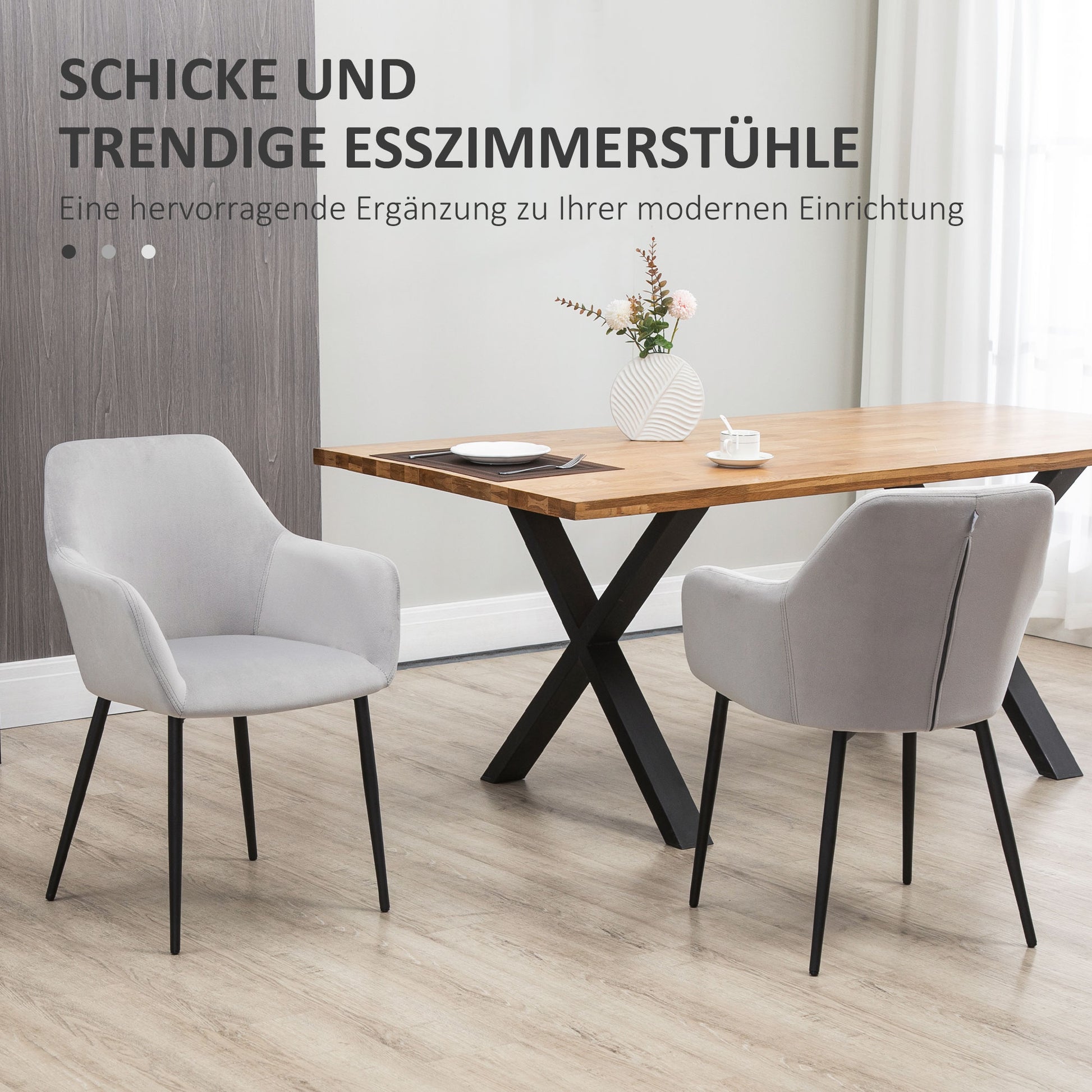 Dining Chairs Set of 2 Kitchen Chair with Backrest, Velvet Look, Padded Chair with Steel Legs for Living Room, Light Gray 54 x 57 x 80 cm