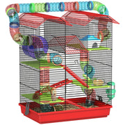 Hamster Mouse Small Pets Rodent Cage with Tunnel Feeder Wheel Toy 47 x 30 x 59 cm Red