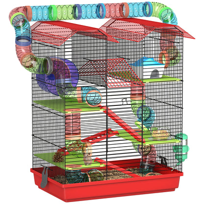 Hamster Mouse Small Pets Rodent Cage with Tunnel Feeder Wheel Toy 47 x 30 x 59 cm Red