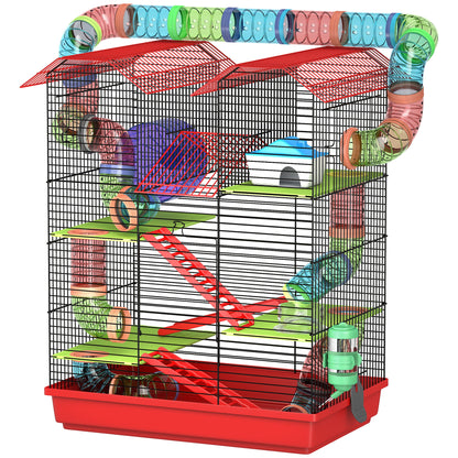 Hamster Mouse Small Pets Rodent Cage with Tunnel Feeder Wheel Toy 47 x 30 x 59 cm Red