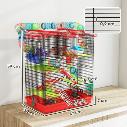 Hamster Mouse Small Pets Rodent Cage with Tunnel Feeder Wheel Toy 47 x 30 x 59 cm Red