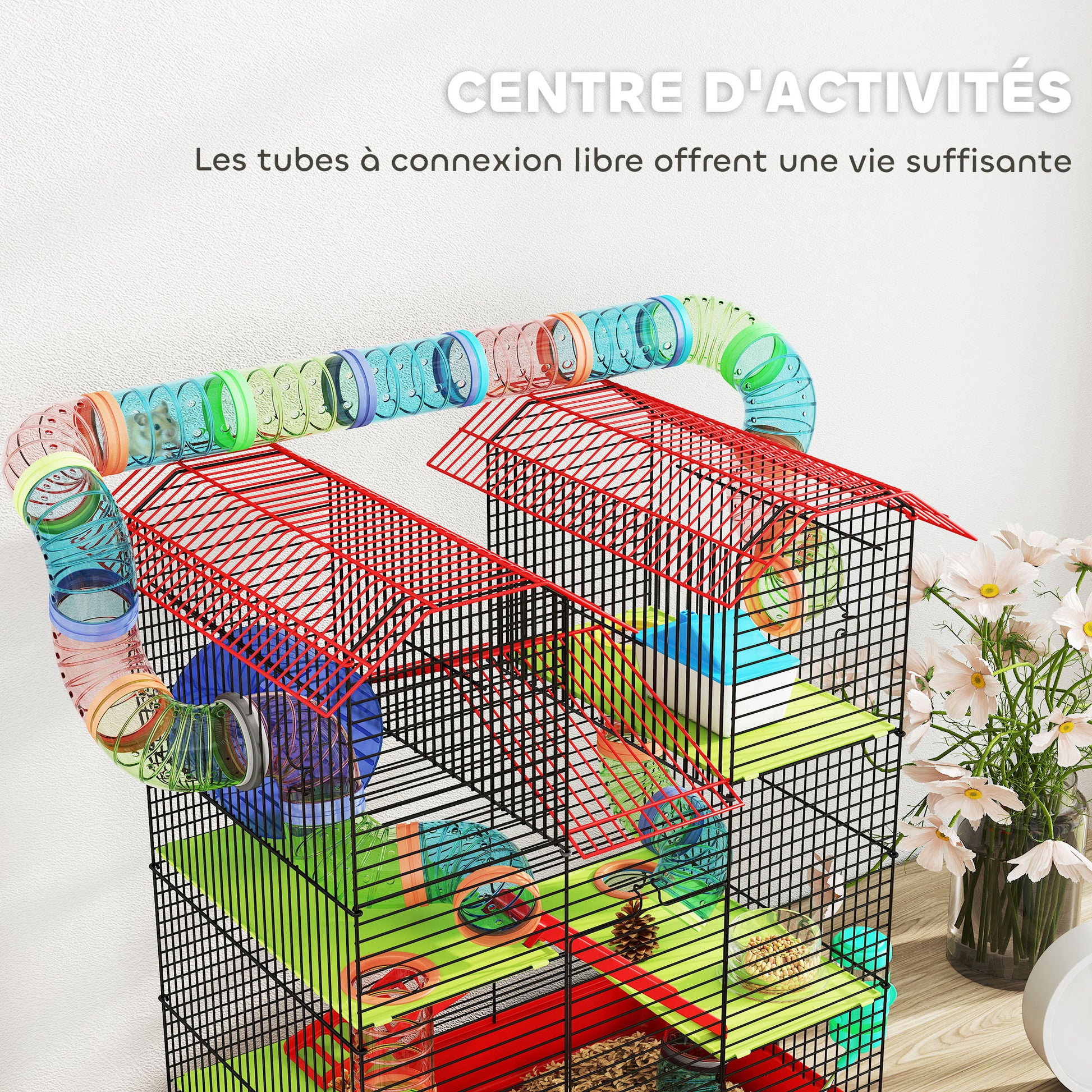 Hamster Mouse Small Pets Rodent Cage with Tunnel Feeder Wheel Toy 47 x 30 x 59 cm Red