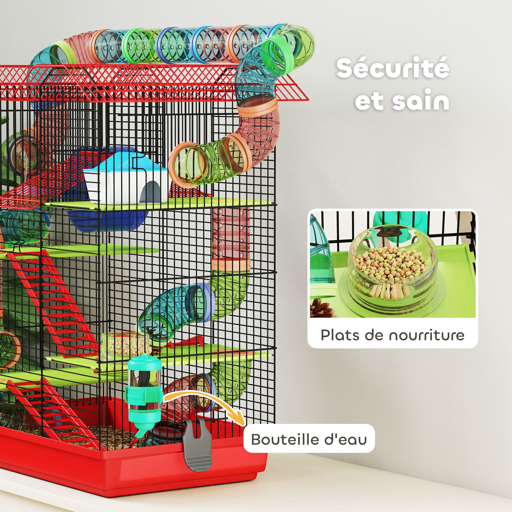 Hamster Mouse Small Pets Rodent Cage with Tunnel Feeder Wheel Toy 47 x 30 x 59 cm Red