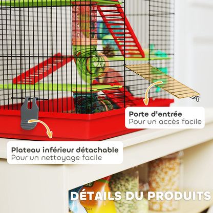 Hamster Mouse Small Pets Rodent Cage with Tunnel Feeder Wheel Toy 47 x 30 x 59 cm Red