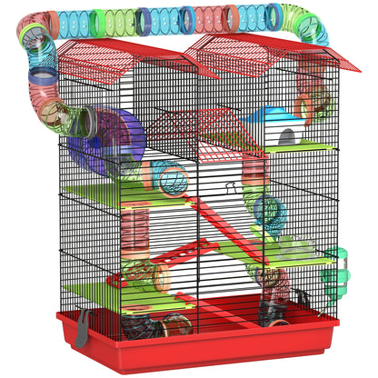 Hamster Mouse Small Pets Rodent Cage with Tunnel Feeder Wheel Toy 47 x 30 x 59 cm Red