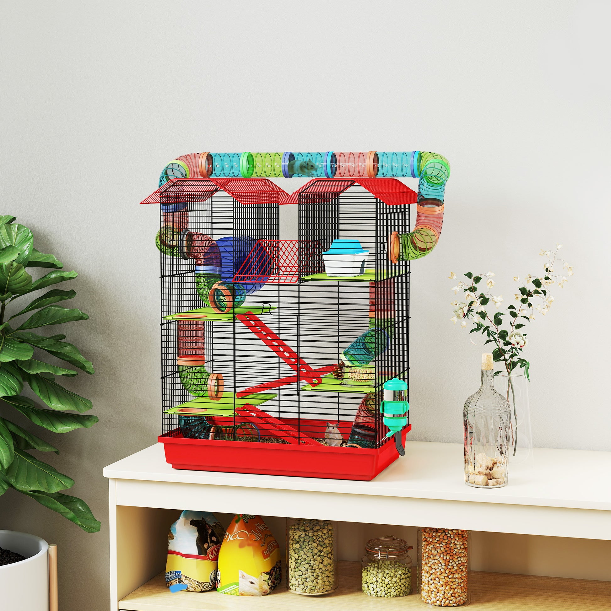 Hamster Mouse Small Pets Rodent Cage with Tunnel Feeder Wheel Toy 47 x 30 x 59 cm Red
