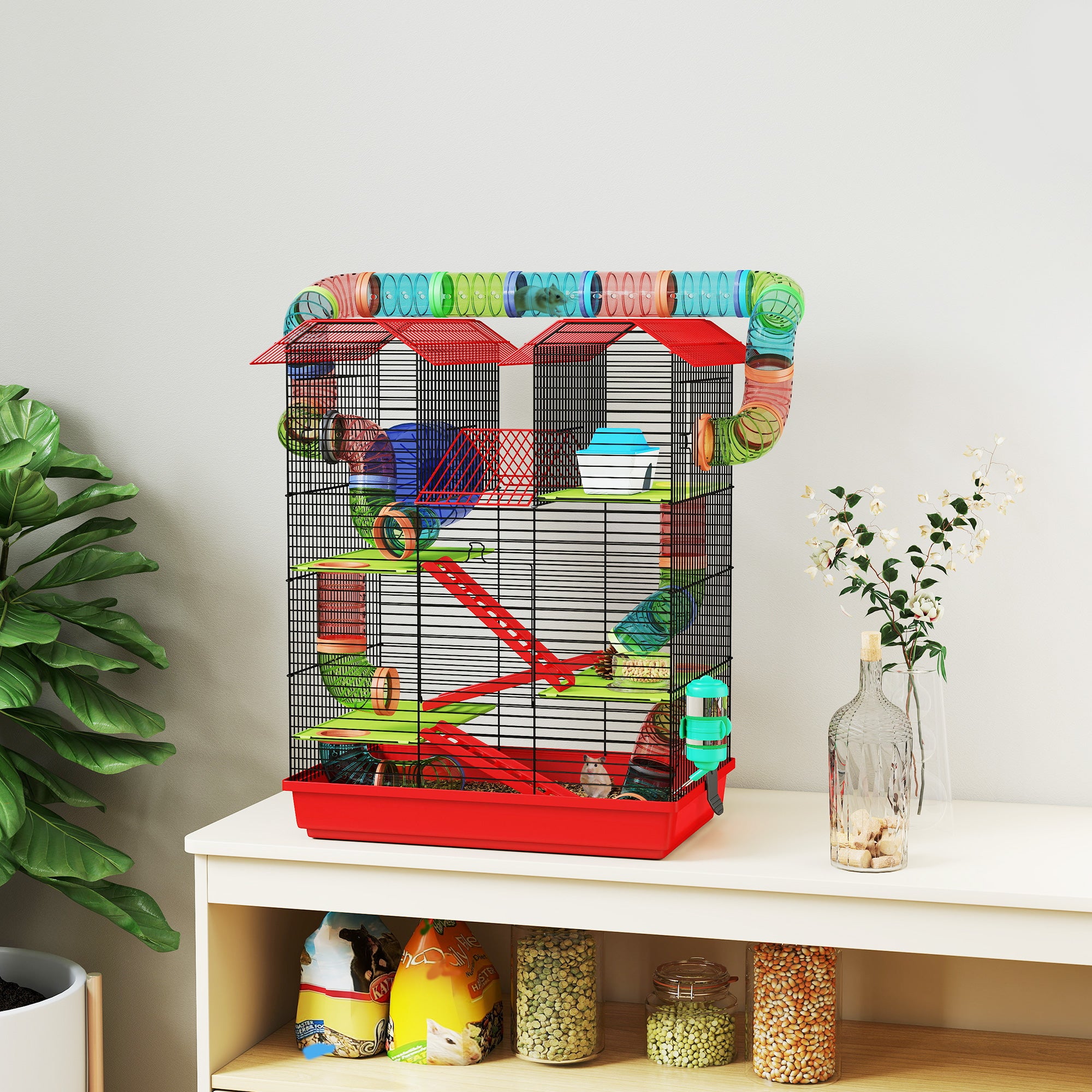 Hamster Mouse Small Pets Rodent Cage with Tunnel Feeder Wheel Toy 47 x 30 x 59 cm Red