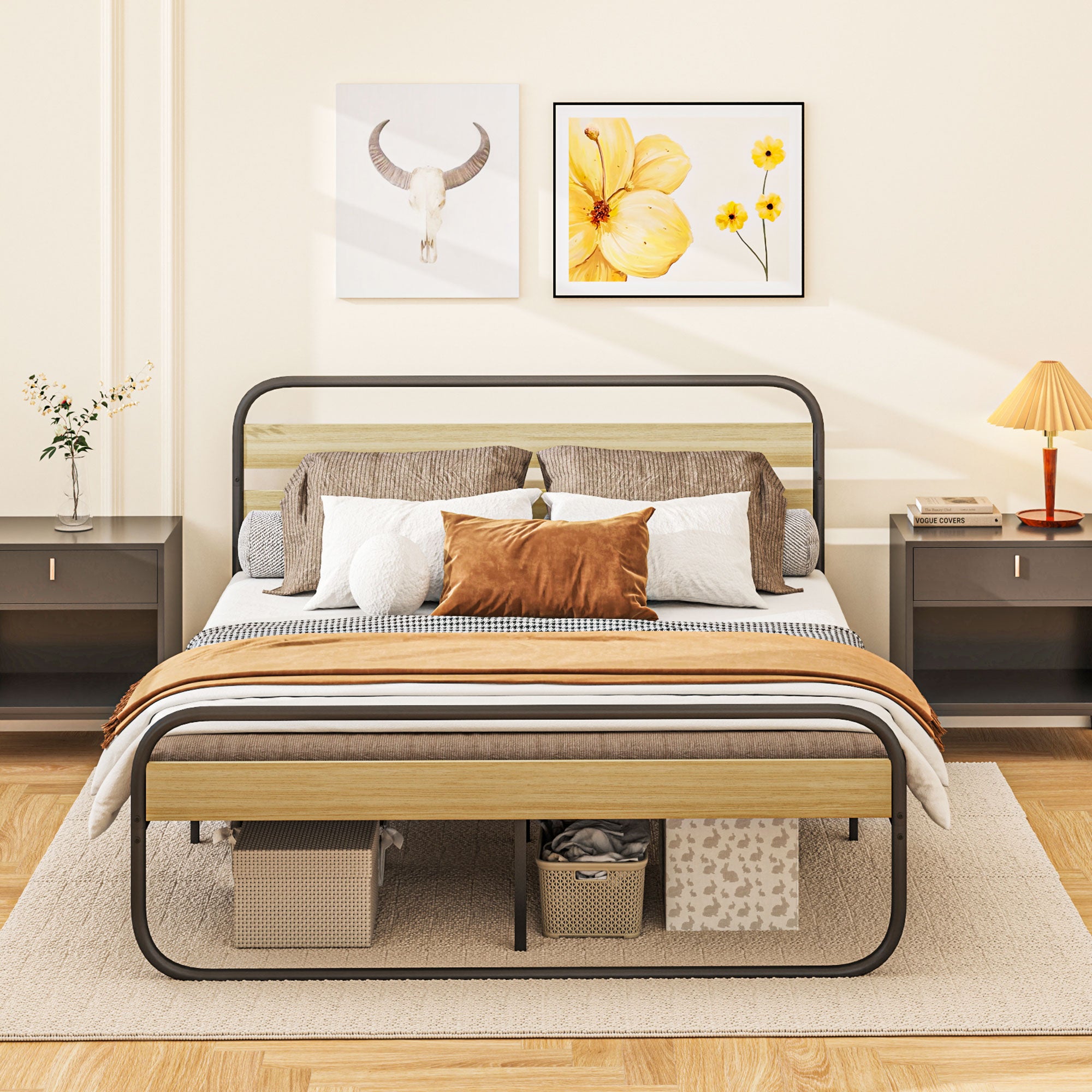 Double Bed Frame 160 x 200 cm Industrial Style Bed for 2 People with Storage, Bed Base, Head and Footboard - Easy Assembly, Wood and Steel, Wood Look