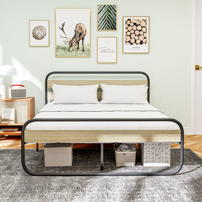 Double Bed Frame 160 x 200 cm Industrial Style Bed for 2 People with Storage, Bed Base, Head and Footboard - Easy Assembly, Wood and Steel, Wood Look