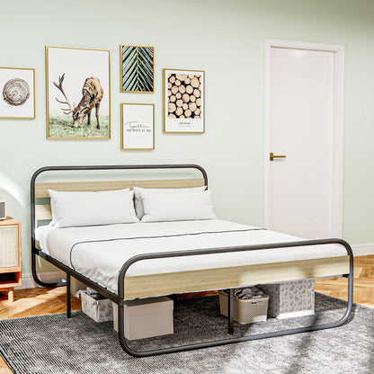 Double Bed Frame 160 x 200 cm Industrial Style Bed for 2 People with Storage, Bed Base, Head and Footboard - Easy Assembly, Wood and Steel, Wood Look