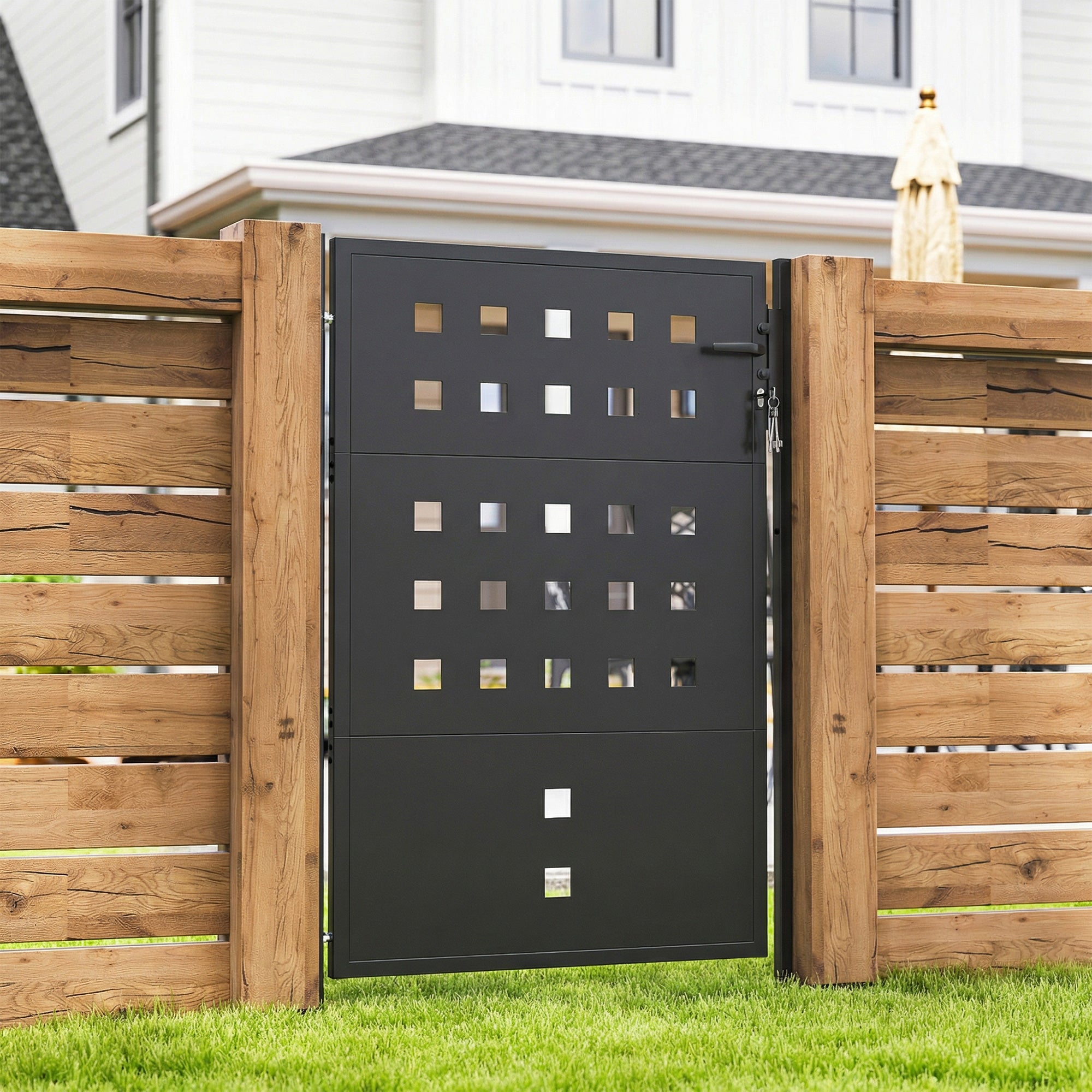 Galvanized Steel Garden Gate with Handle, Lock & 3 Keys, 105 x 130 cm, Dark Gray