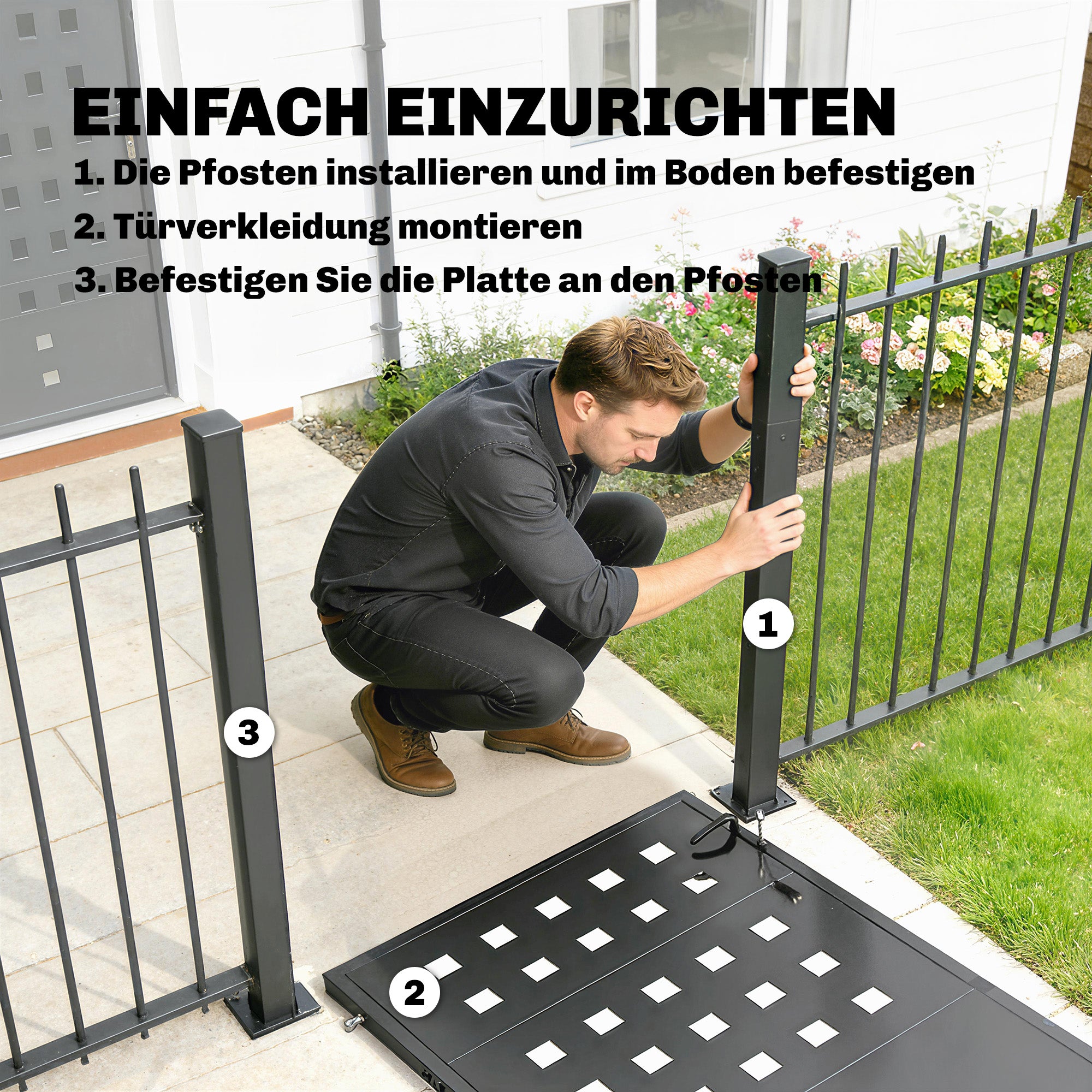 Galvanized Steel Garden Gate with Handle, Lock & 3 Keys, 105 x 130 cm, Dark Gray