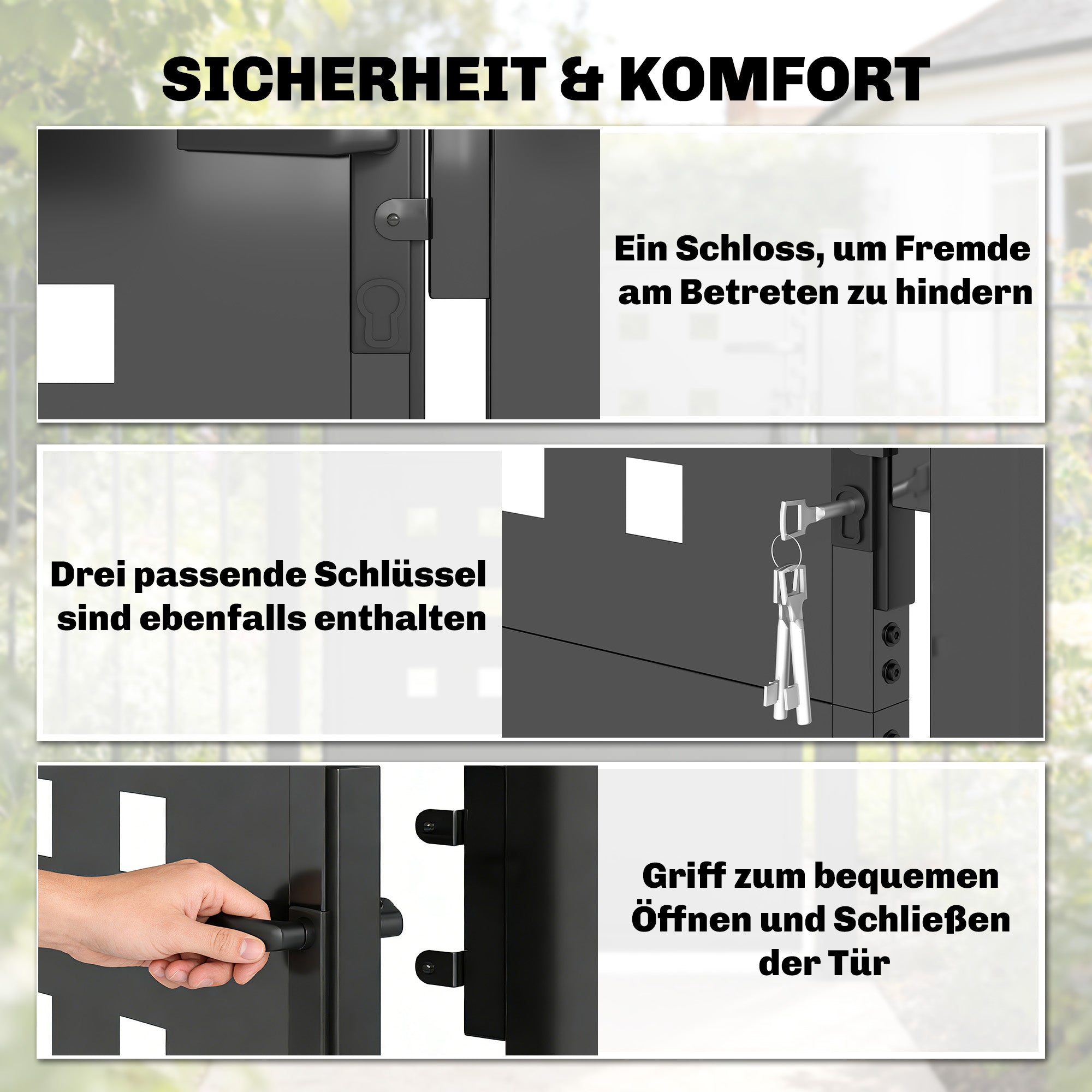 Galvanized Steel Garden Gate with Handle, Lock & 3 Keys, 105 x 130 cm, Dark Gray
