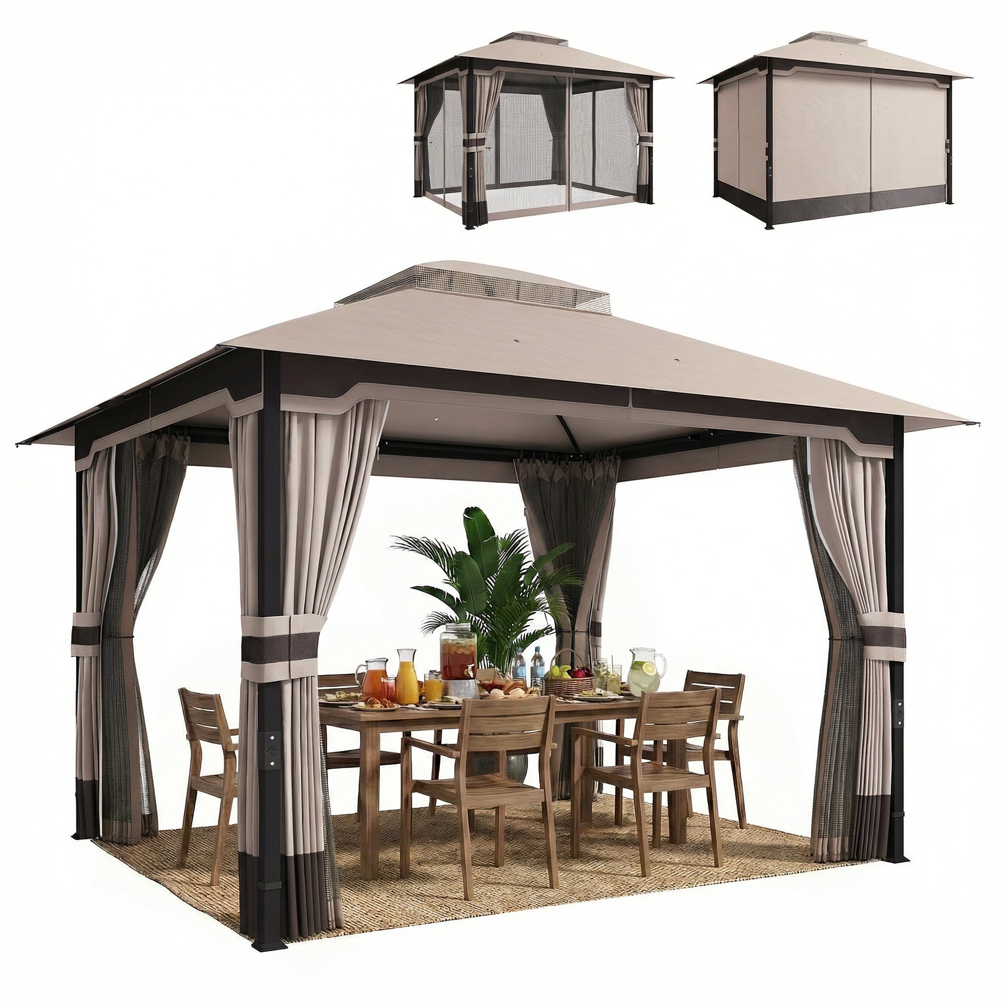 Metal Garden Gazebo 11.8 x 9.8 ft (3.6 x 3.0 m) – Water-Resistant, Stable & Winter-Ready with Double Roof, Mosquito Net, Side Curtains, Drainage Holes — Khaki