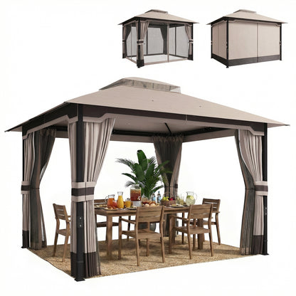 Metal Garden Gazebo 11.8 x 9.8 ft (3.6 x 3.0 m) – Water-Resistant, Stable & Winter-Ready with Double Roof, Mosquito Net, Side Curtains, Drainage Holes — Khaki