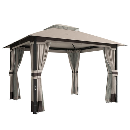 Metal Garden Gazebo 11.8 x 9.8 ft (3.6 x 3.0 m) – Water-Resistant, Stable & Winter-Ready with Double Roof, Mosquito Net, Side Curtains, Drainage Holes — Khaki