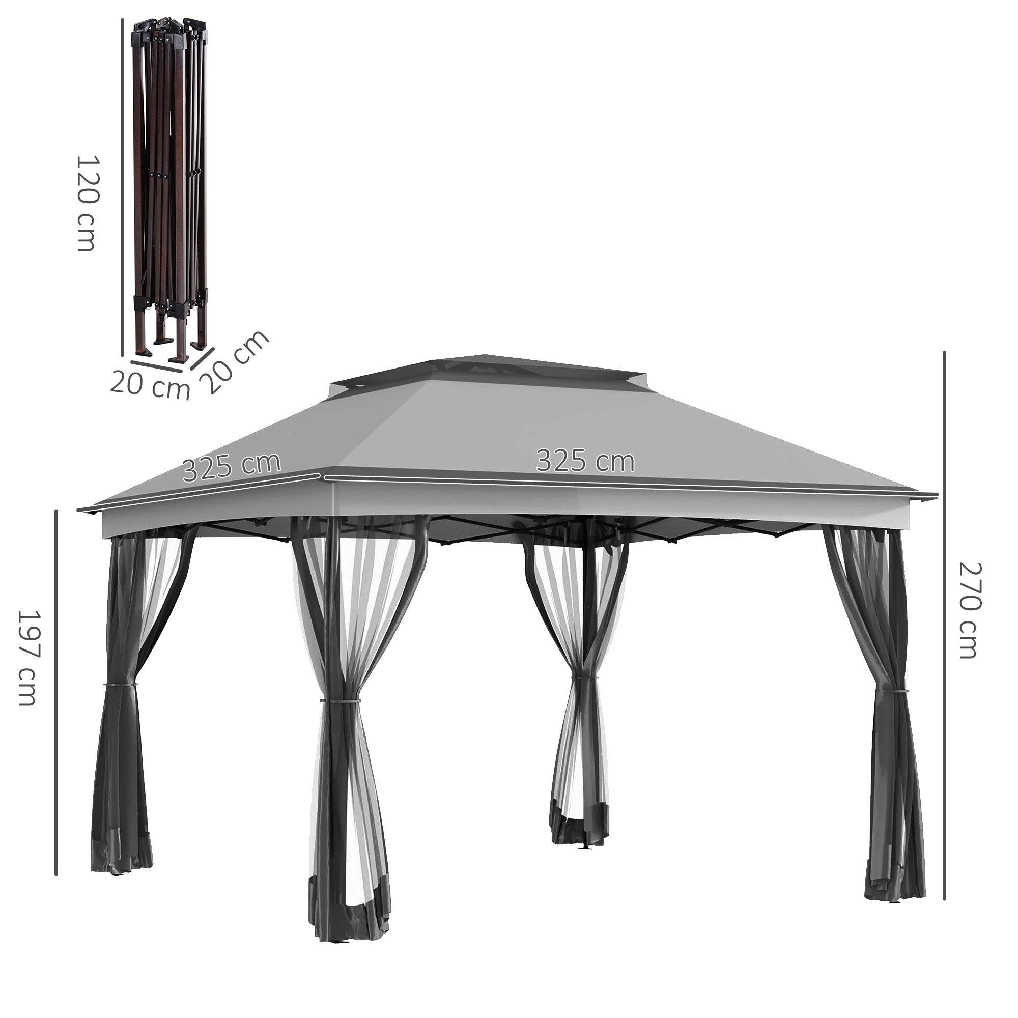 Folding Gazebo 3.3x3.3 m with 4 Mesh Side Walls and Carry Bag for Camping Parties Light Gray