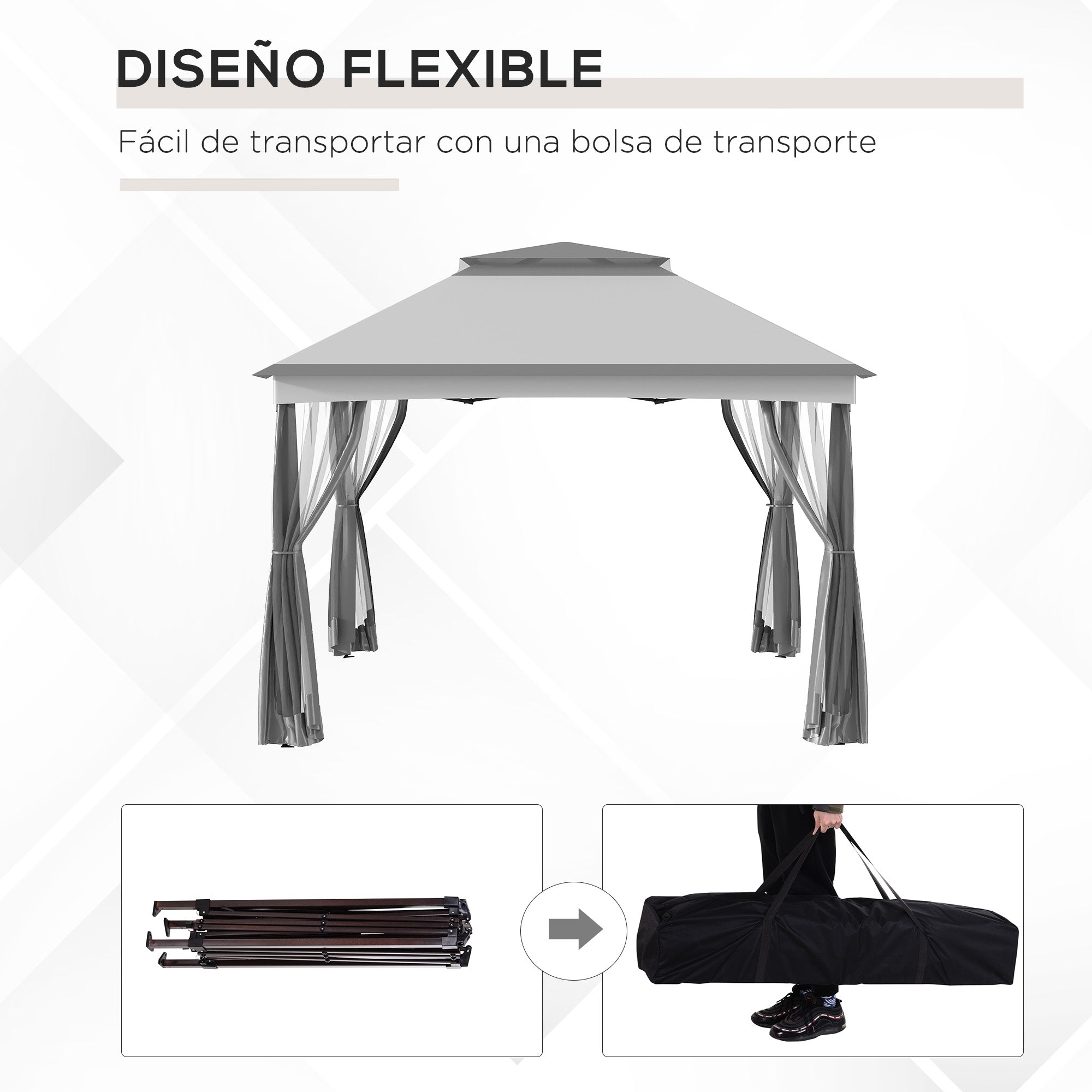 Folding Gazebo 3.3x3.3 m with 4 Mesh Side Walls and Carry Bag for Camping Parties Light Gray