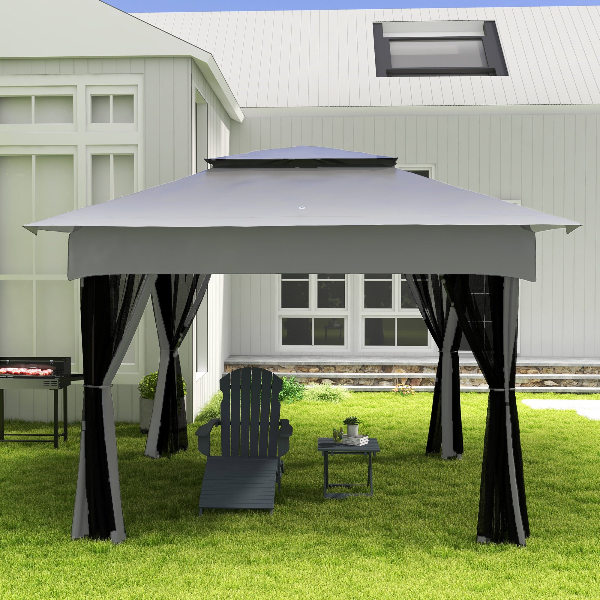 Folding Gazebo 3.3x3.3 m with 4 Mesh Side Walls and Carry Bag for Camping Parties Light Gray
