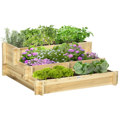 Raised Garden Bed Wooden, 3-Tier Planting Bed, Cold Frame with Fabric Lining, Flower Box Vegetable Bed 93x93x35cm for Balcony, Garden, Planter Box for Flowers, Vegetables, Herbs, Natural