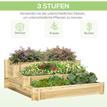Raised Garden Bed Wooden, 3-Tier Planting Bed, Cold Frame with Fabric Lining, Flower Box Vegetable Bed 93x93x35cm for Balcony, Garden, Planter Box for Flowers, Vegetables, Herbs, Natural