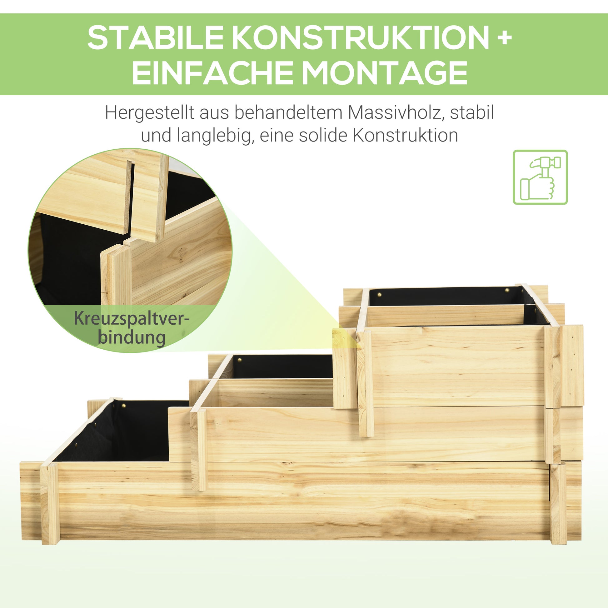 Raised Garden Bed Wooden, 3-Tier Planting Bed, Cold Frame with Fabric Lining, Flower Box Vegetable Bed 93x93x35cm for Balcony, Garden, Planter Box for Flowers, Vegetables, Herbs, Natural