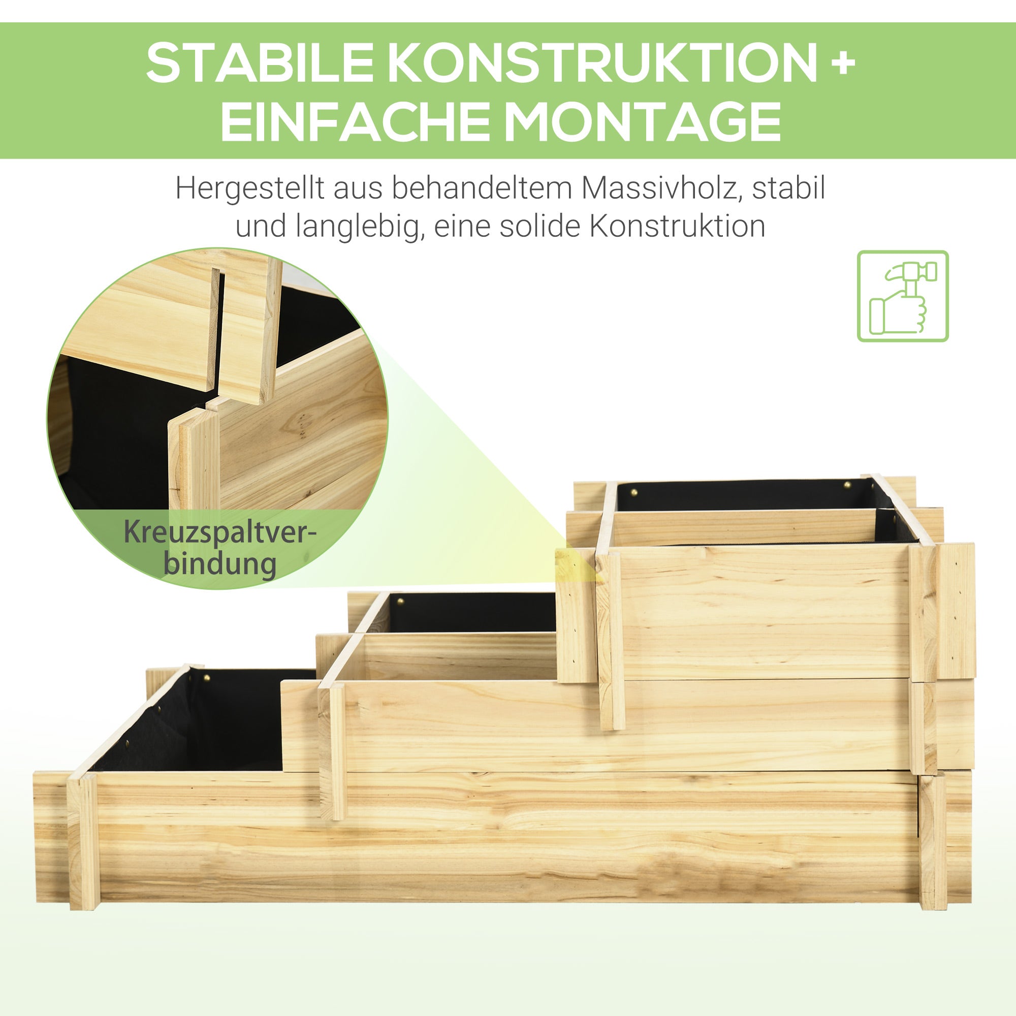 Raised Garden Bed Wooden, 3-Tier Planting Bed, Cold Frame with Fabric Lining, Flower Box Vegetable Bed 93x93x35cm for Balcony, Garden, Planter Box for Flowers, Vegetables, Herbs, Natural