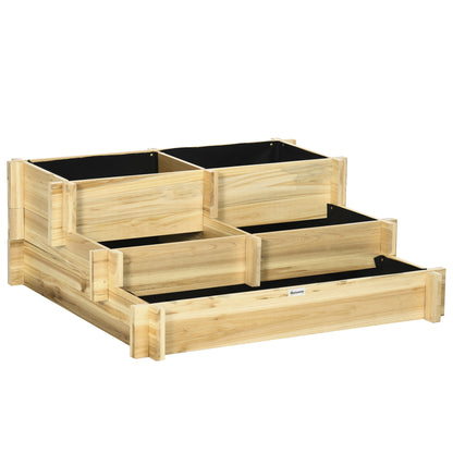 Raised Garden Bed Wooden, 3-Tier Planting Bed, Cold Frame with Fabric Lining, Flower Box Vegetable Bed 93x93x35cm for Balcony, Garden, Planter Box for Flowers, Vegetables, Herbs, Natural