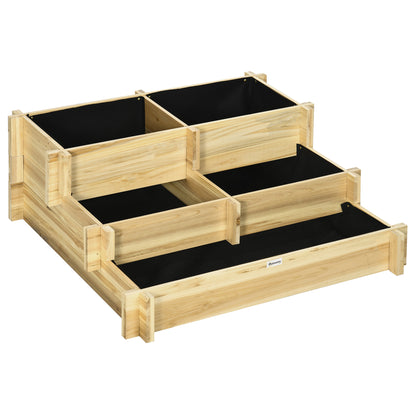 Raised Garden Bed Wooden, 3-Tier Planting Bed, Cold Frame with Fabric Lining, Flower Box Vegetable Bed 93x93x35cm for Balcony, Garden, Planter Box for Flowers, Vegetables, Herbs, Natural
