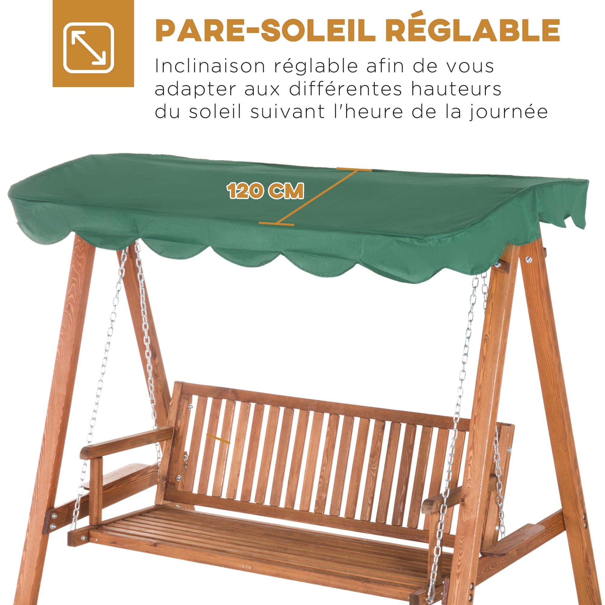 3-Seater Garden Lounger with Waterproof Canopy 2 Side Shelves 1.9L x 1.3W x 1.85H m Max. Load 360 kg Pine Wood Green