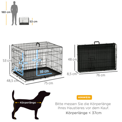 Dog Cage Transport Crate Wire Cage with Grid Dog Box Transport Box Small Animal Cage Travel Box Collapsible Metal Black 75 x 48.5 x 53 cm