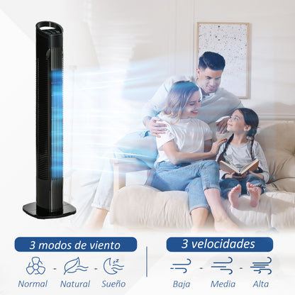 Tower Fan Vertical Fan 50W with Remote Control 3 Speeds LED Display Timer 7.5h and 70° Oscillation Ø20x78.5 cm Black