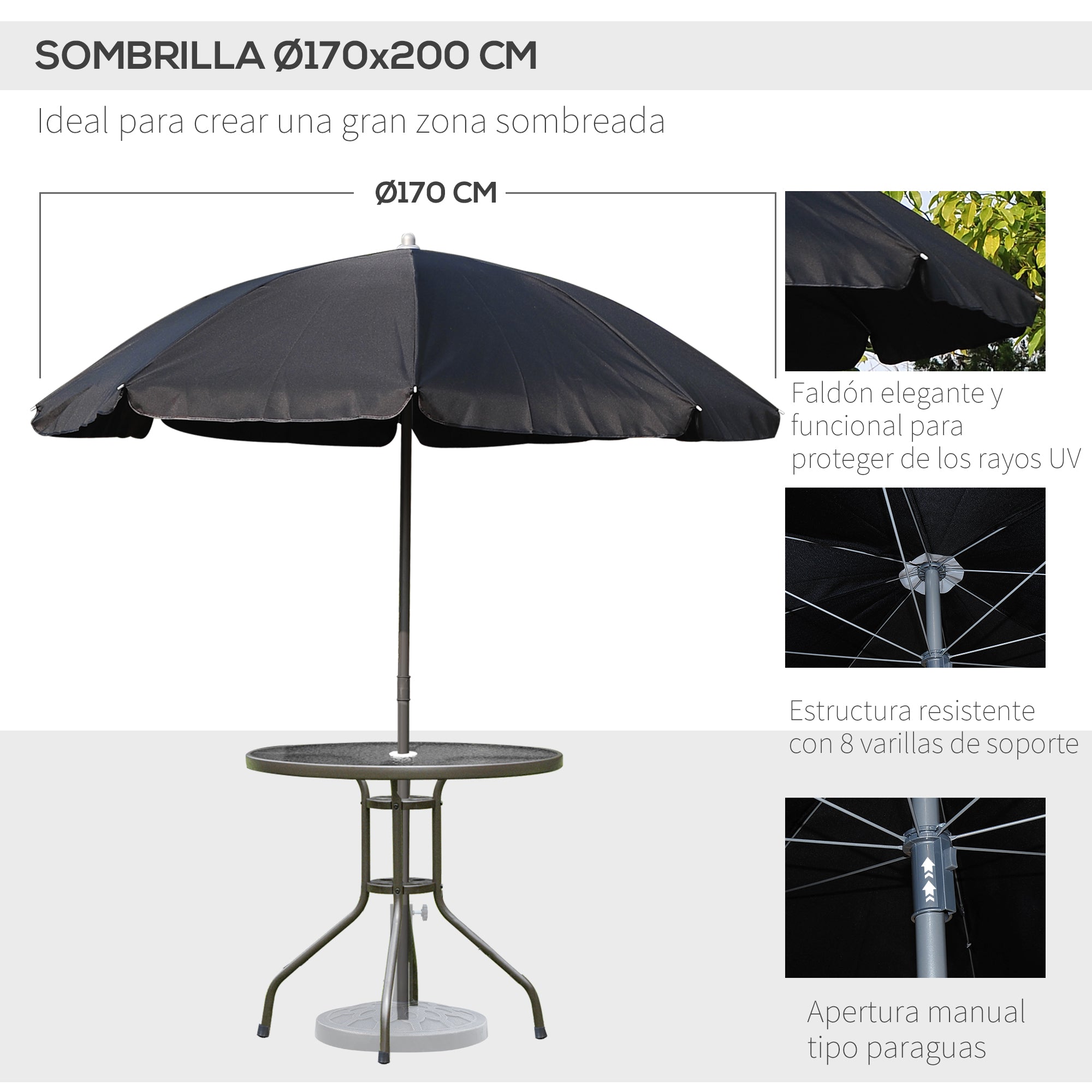 Garden Furniture Set with 4 Chairs 1 Table and 1 Parasol Texteline Aluminum and Polyester Black