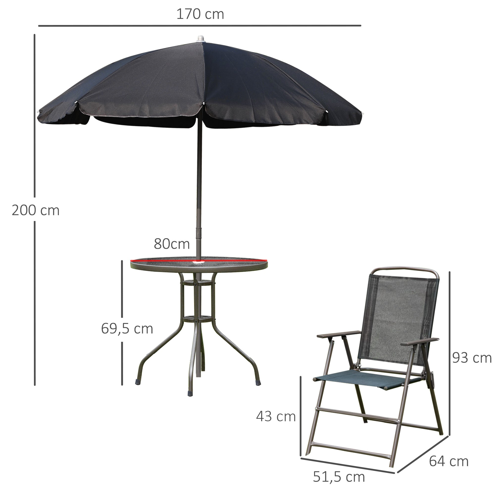 Garden Furniture Set with 4 Chairs 1 Table and 1 Parasol Texteline Aluminum and Polyester Black