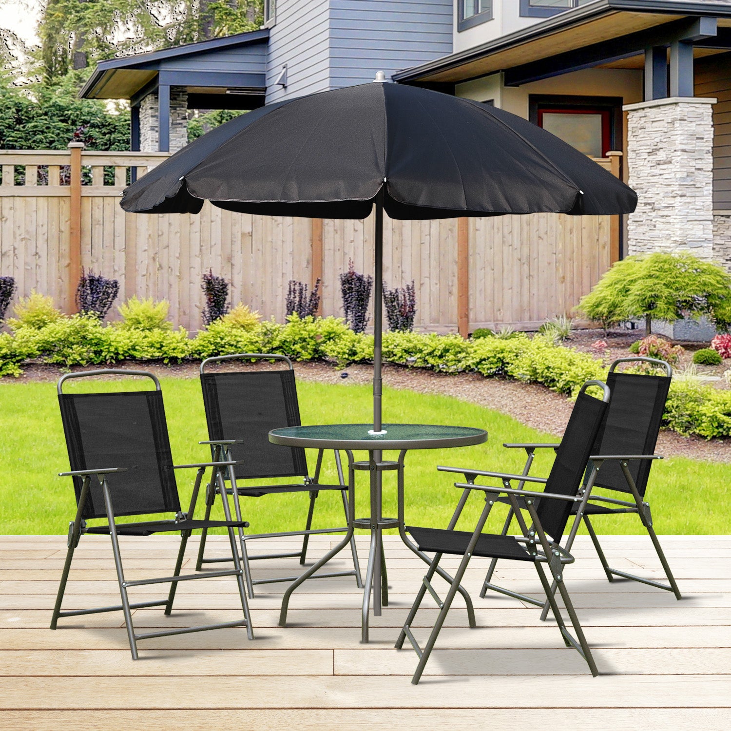 Garden Furniture Set with 4 Chairs 1 Table and 1 Parasol Texteline Aluminum and Polyester Black